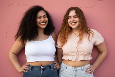 two young women standing next to each other against a pink wallの素材