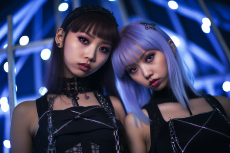 two young women with purple hair posing for the cameraの素材