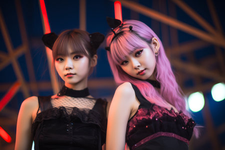 two young women with pink hair standing next to each otherの素材