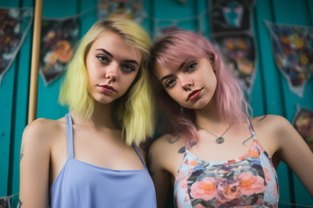 two young women with pink hair standing next to each otherの素材