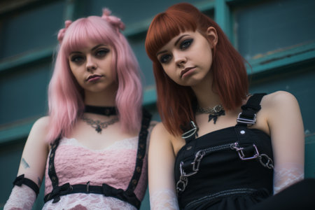 two young women with pink hair posing for the cameraの素材