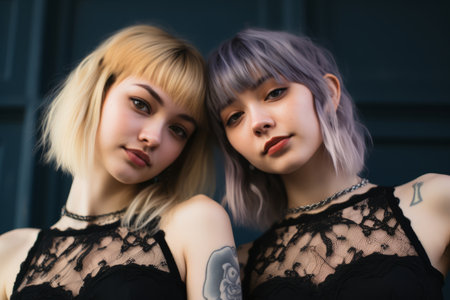 two young women with tattoos posing for the cameraの素材