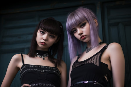 two young women with purple hair standing next to each otherの素材