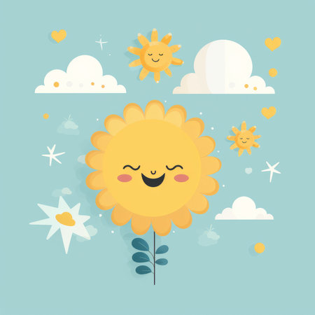 a cartoon sunflower with clouds and stars on a blue backgroundの素材