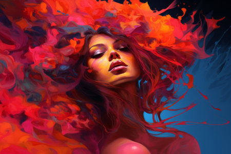 a painting of a woman with bright red hairの素材