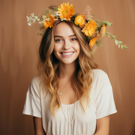 a beautiful young woman with flowers in her hairの素材