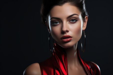 a beautiful woman in a red dress and earringsの素材
