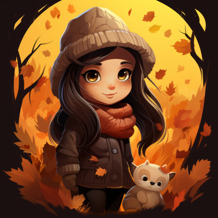 an illustration of a girl with a cat in the fallの素材