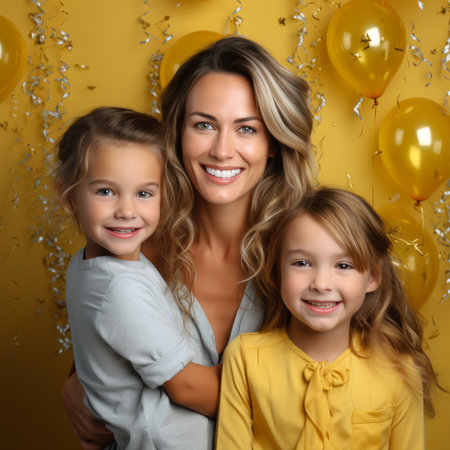 a woman and two children in front of gold balloonsの素材