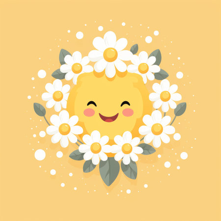 a smiling sun surrounded by daisies on a yellow backgroundの素材