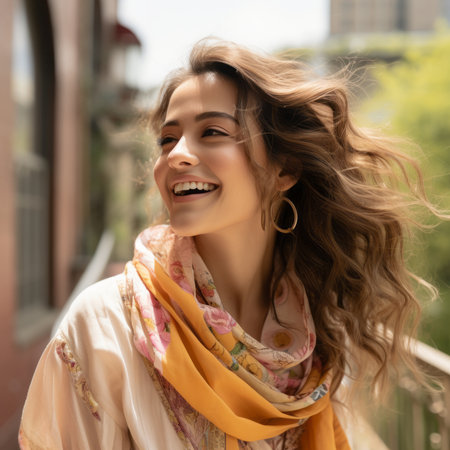 a woman is smiling while wearing a scarfの素材