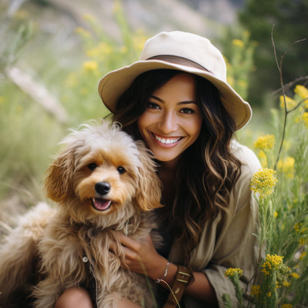 a woman in a hat holding a dog in a fieldの素材