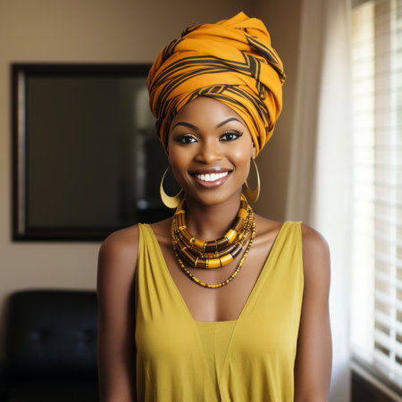 beautiful african american woman wearing yellow dress and turbanの素材