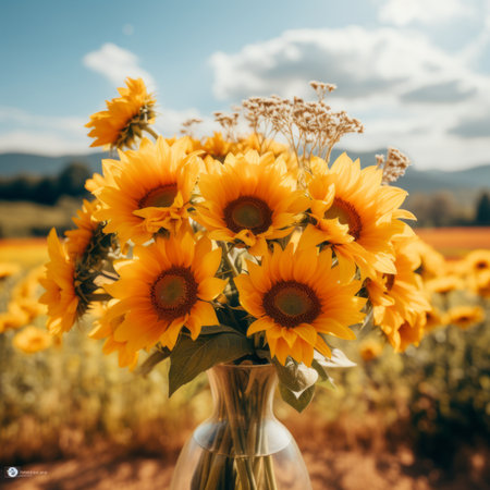 a vase full of sunflowers on a sunny dayの素材
