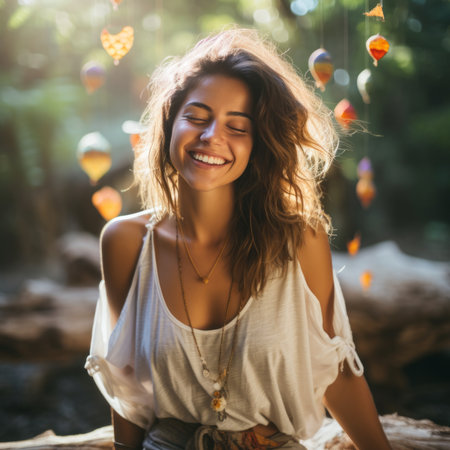 smiling woman sitting on a log in the forestの素材