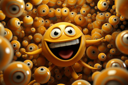 3d animated smiley face surrounded by many small yellow eyesの素材