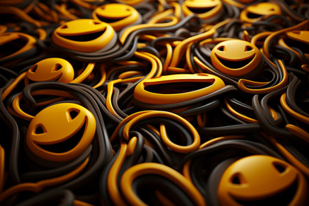 a bunch of yellow and black smiley facesの素材