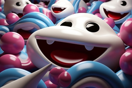 a cartoon character is surrounded by a group of pink and blue balloonsの素材