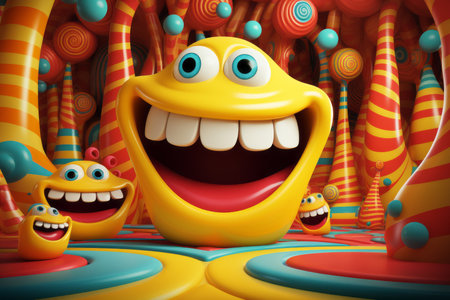 3d illustration of a smiling yellow monster in front of colorful candyの素材