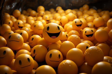 a bunch of yellow smiley faces in a dark roomの素材