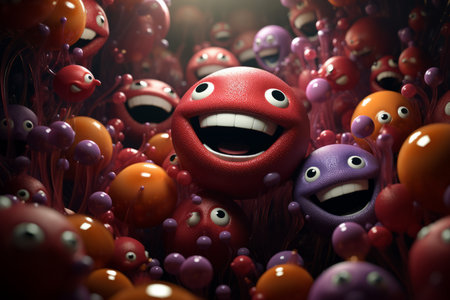 a group of red and purple balloons are surrounded by a smiley faceの素材