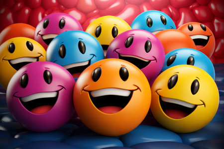 a group of colorful smiley eggs with happy facesの素材