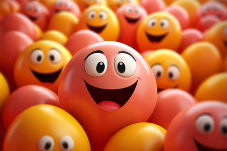 a group of orange and yellow eggs with a smiley faceの素材