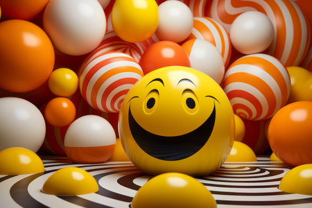 a smiley face is surrounded by a bunch of orange and white ballsの素材