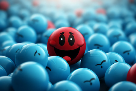 a red smiley face surrounded by blue ballsの素材