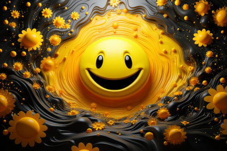a smiley face surrounded by flowers on a black backgroundの素材