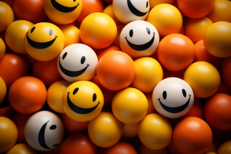 many orange and yellow balls with smiley faces on themの素材