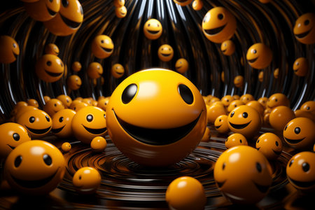 many smiley faces surround an orange smiley faceの素材