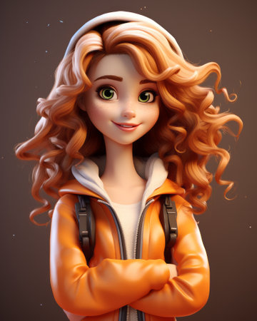 3d rendering of a girl with long red hair and an orange jacketの素材