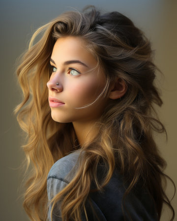 a beautiful young woman with long wavy hairの素材