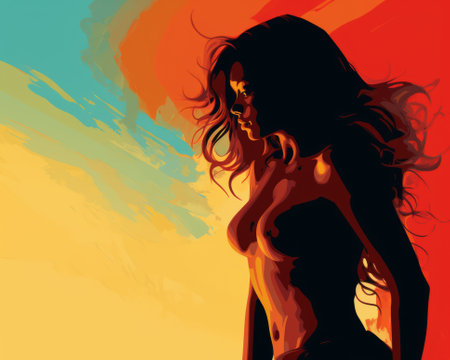 a painting of a naked woman standing in front of a colorful backgroundの素材