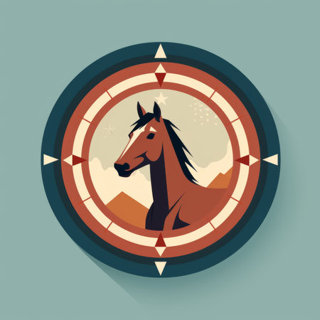 a horse in a compass icon on a blue backgroundの素材