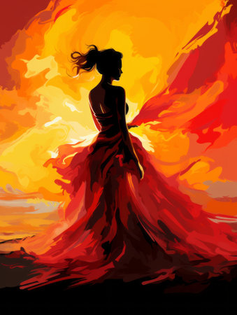 a painting of a woman in a red dress standing in front of an orange sunsetの素材