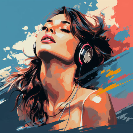 a painting of a woman with headphones on her headの素材