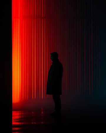 a man standing in front of a red lightの素材