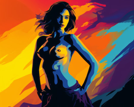 a painting of a naked woman in front of a colorful backgroundの素材