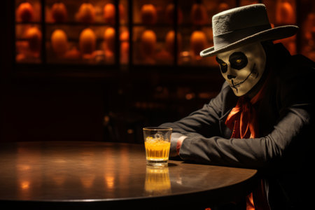 a man wearing a mask and hat sitting at a table with a drinkの素材