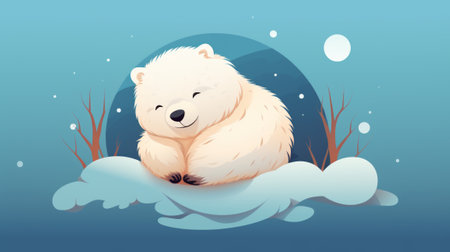 a cartoon polar bear sleeping in the snowの素材