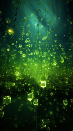 a green background with lots of cubes floating in the airの素材