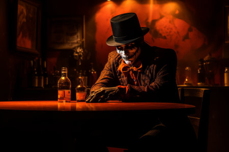 a man in a top hat sitting at a table with a bottle of alcoholの素材