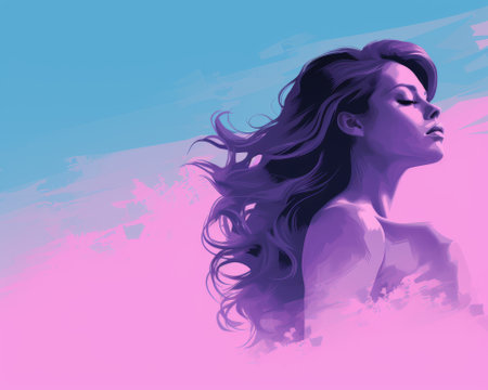 a painting of a woman with long hair on a pink and blue backgroundの素材
