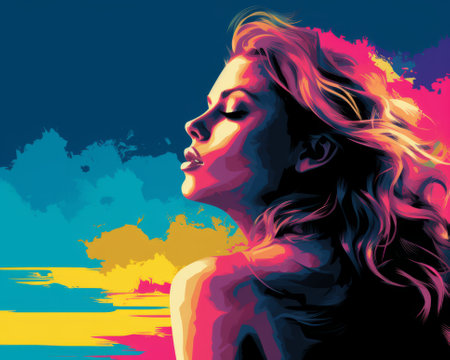 a painting of a woman with long hair in front of a colorful backgroundの素材
