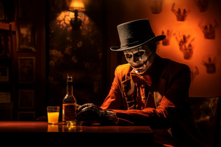 a man in a top hat sitting at a table with a bottle of alcoholの素材