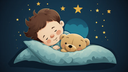 a little boy sleeping with his teddy bearの素材
