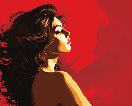 a painting of a woman with long hair on a red backgroundの素材