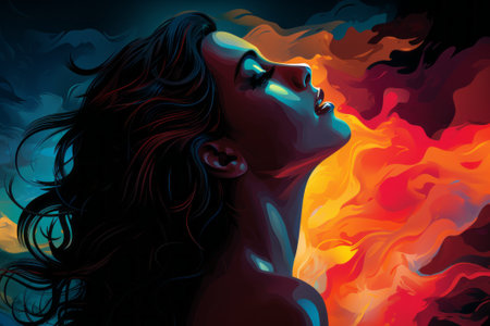 a painting of a woman with long hair in front of a colorful backgroundの素材